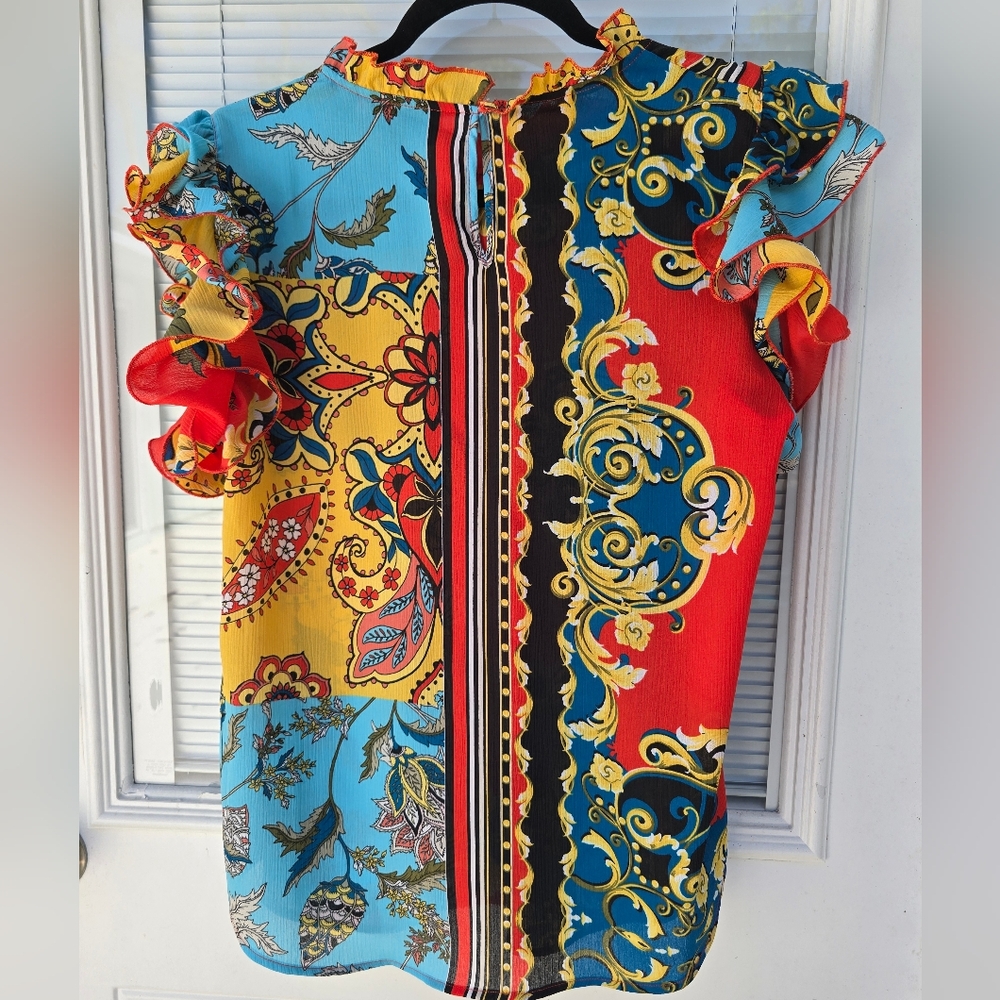 New York & Company Red and Blue Graphic Ruffled Blouse